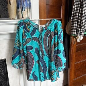Tibi Teal Paisley Peasant Tunic in gorgeous silk. Worn twice. 265 retail